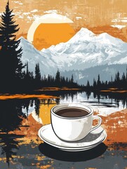 Leinwandbilder - Coffee cup resting on a saucer with a serene mountain and pine backdrop at sunset