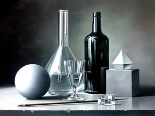 Poster - Still life arrangement of glassware, geometrical shapes, and a dark bottle