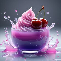 Aufkleber - Glass bowl filled with purple liquid topped with pink whipped cream and cherries surrounded by dynamic splashes of the liquid.

