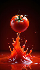 Poster - Dynamic mid-air splash of bright red tomato with green stem surrounded by tomato juice droplets on a dark background.