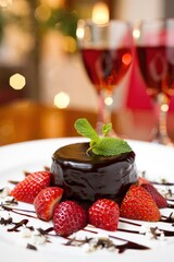 Poster - Chocolate cake with mint garnish on dessert plate surrounded by fresh strawberries and drizzles of chocolate sauce with glasses of red wine in background.