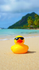 Poster - Yellow rubber duck with sunglasses on sandy beach by blue ocean with green mountain and partly cloudy sky in the background.