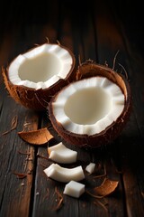 Poster - Coconut halves on a dark wooden surface surrounded by scattered pieces of white coconut flesh showcasing texture and contrast.