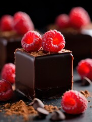 Aufkleber - Elegant chocolate cube dessert topped with raspberries and cocoa dust surrounded by scattered raspberries and chocolate.