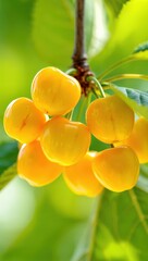 Aufkleber - Yellow cherries hanging on the branch surrounded by green leaves and vibrant background.