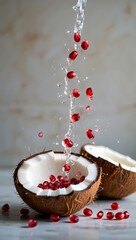 Poster - Fresh pomegranate seeds sitting inside two halved coconuts with water being poured into one, causing some seeds to splash out onto a marble surface.
