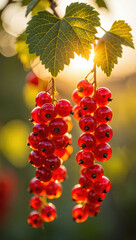 Aufkleber - Bright red berries on stems with green leaves illuminated by sunlight in a natural setting.