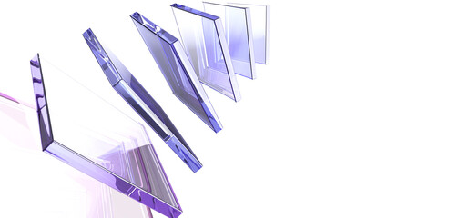 Poster - 3d abstract glass transparent square shapes flying on black background render. Iridescent crystal plates, acrylic or plastic panels with light hologram gradient, digital tech banner