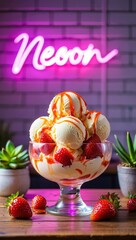 Aufkleber - Strawberry ice cream with fresh strawberries served in a bowl on a wooden table near a neon pink backdrop.