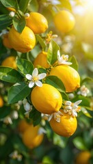 Aufkleber - Ripe yellow lemons and delicate white blossoms on a vibrant green tree branch surrounded by sunlight.