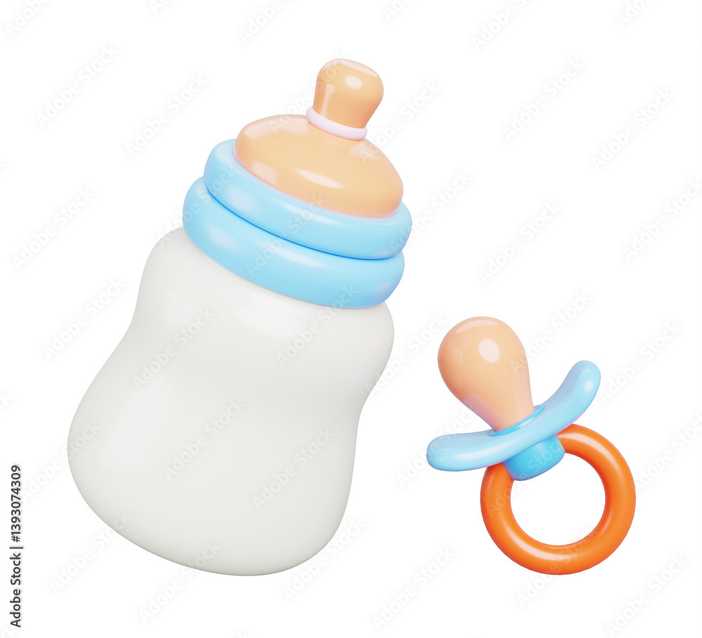 3d baby bottle and pacifier cartoon render icon. Blue plastic container ...