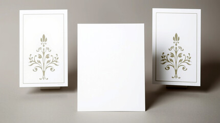 Poster - Blank white cards display. Decorative floral pattern on two cards. One card stands alone. Simple elegant design. Neutral background. Clean presentation. Paper display for invitation or announcement.