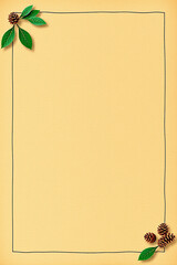 Poster - Paper sheet with border and pine cones. Beige page with natural decoration. Cones and leaves in corner. Blank backdrop for writing or design. Empty frame for text.
