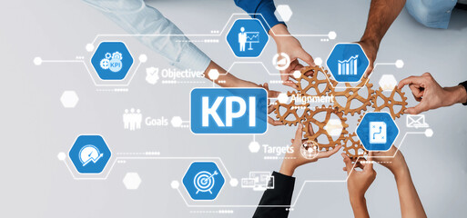 Aufkleber - A diverse group of professionals collaborates on Key Performance Indicators, emphasizing teamwork, alignment, and visual data analysis for effective goal achievement and business success. Amity