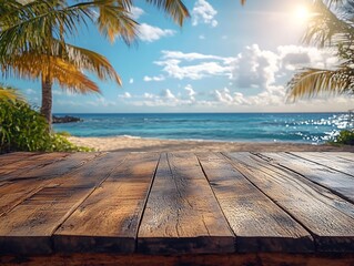 Fototapete - Stunning Tropical Beach View from Rustic Wooden Table Clear Turquoise Ocean Palm Trees and Bright Sunlight : Generative AI