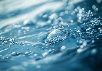 Leinwandbilder - Close Up of Fresh Water Droplets and Bubbles Floating on the Surface of a Calm Cool Blue Lake : Generative AI