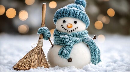 Aufkleber - Festive Snowman with Blue Hat and Scarf Holding Broom on Snowy Day Bokeh Background Creates a Magical Christmas Season Mood : Generative AI
