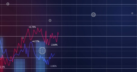 Poster - Image of online white globe icons moving over statistics on blue background