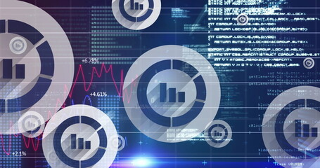 Poster - image of online statistics icons moving over data processing on blue background