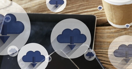 Poster - image of online white cloud with arrow icons moving over tablet on wooden table