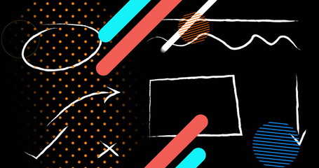 Poster - Image of speech bubble with copy space, pulsating shapes and moving icons on black