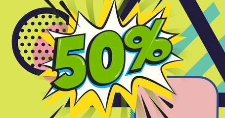 Poster - Image of 50 percent over vintage speech bubble on multi coloured background