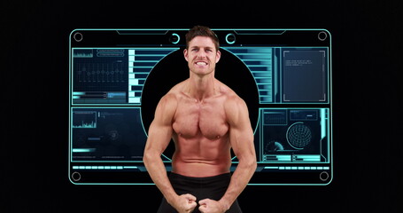 Poster - Image of strong muscular man with scope scanning and data processing