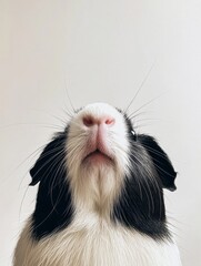 Poster - Cute guinea pig looking up with fluffy fur and prominent whiskers against a minimal white background