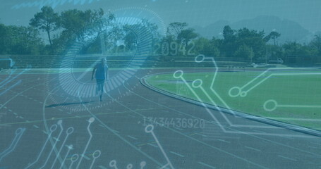 Poster - Image of data processing over disabled male athlete with running blades on racing track