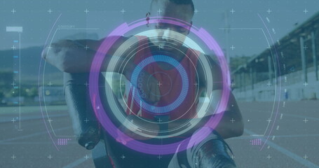 Poster - Image of scope scanning over disabled male athlete with running blades on racing track