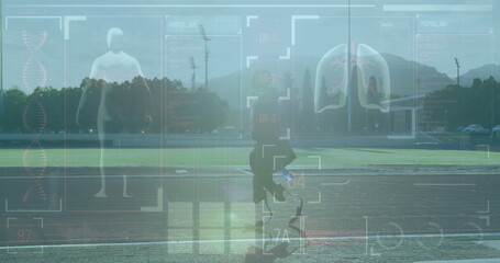 Poster - Image of medical data processing over disabled male athlete with running blades on racing track