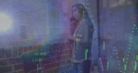 Poster - Image of data processing over woman talking on smartphone wearing face mask