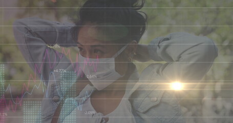 Poster - Image of data processing over woman wearing face mask