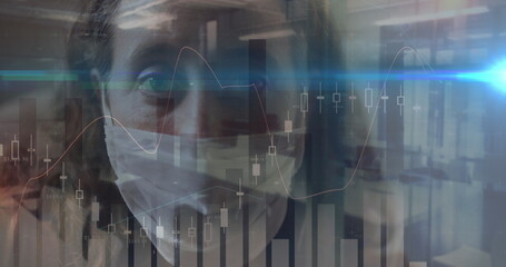 Poster - Image of data processing over woman wearing face mask