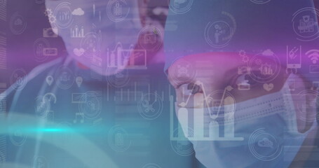 Poster - Image of data processing over surgeons wearing face masks
