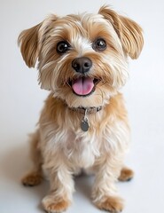 Poster - Cute Yorkie Poo Dog Portrait on White Background with Tongue Out Happy Dog Smiling Looking at Camera : Generative AI