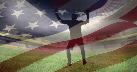 Poster - Waving us flag over silhouettes of male soccer player in different poses against sports stadium