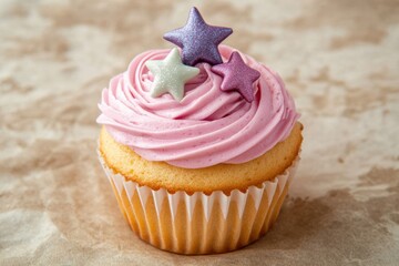 Aufkleber - Delightful cupcake topped with pastel icing and colorful star decorations on textured paper backdrop
