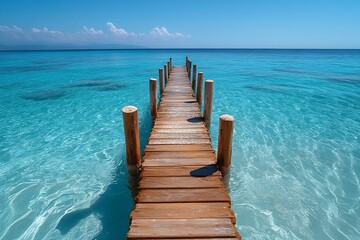 Poster - Tranquil Turquoise Sea with Wooden Pier Leading to Horizon Perfect Vacation Escape and Tropical Paradise : Generative AI