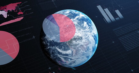 Poster - image of statistics and financial data processing over globe