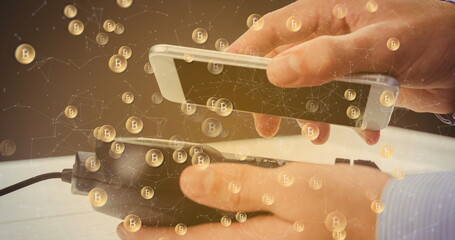 Poster - Image of bitcoins over smartphone and payment terminal