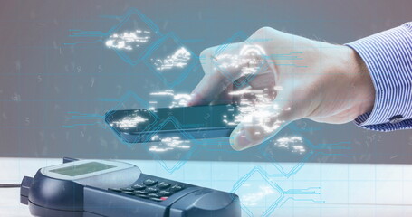 Poster - Image of wi fi icons over smartphone and payment terminal