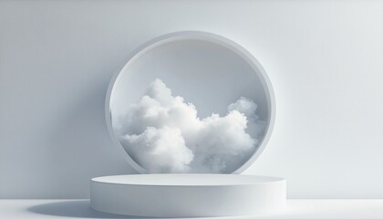 Poster - Luxurious White Display Podium With Circle And Cloud Element On Backdrop, Spacious Area To Showcase Products And Promote. Empty Space Available.