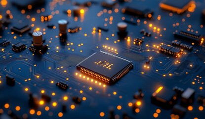 Leinwandbilder - Illuminated Computer Circuit Board CloseUp with Orange Lights and Complex Electronic Components : Generative AI