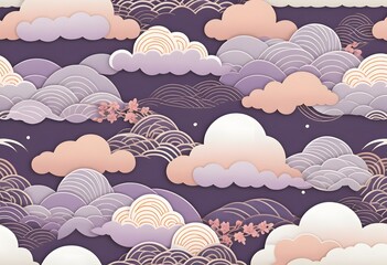Aufkleber - Japanese Background, Earthy Tones, Soft Hues. Asian Art Design, Purple Clouds. Repeating Waves, Peach Color. Floral Pattern, Geometric Shapes Add Elegance, Suitable For Invitations.