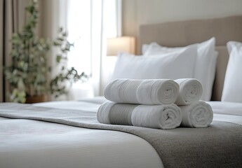 Poster - Stack of Fresh White Towels on Bed Neutral Interior Scene for Hotel and Wellness Photography : Generative AI