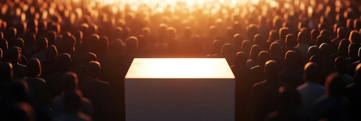 Poster - Podium stands empty before a large crowd, filled with anticipation and political tension, ready for a major address