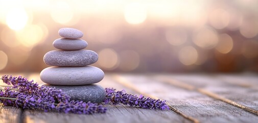 Poster - Artful Stacked Stones with Lavender Blossoms Against a Soft Glowing Background for Relaxation : Generative AI