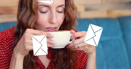 Poster - Image of social media email icons and numbers over woman drinking coffee