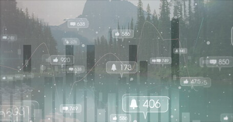 Aufkleber - image of social media icons over statistics and landscape